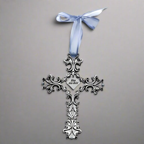 Baptism Bless This Child Cross Filigree design with Blue Ribbon