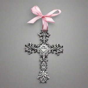 Baptism Bless This Child Cross Filigree design with Pink Ribbon