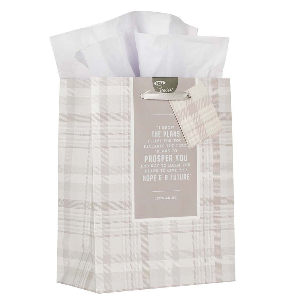 Gift Bag (M) I Know the Plans Gray Plaid - Jeremiah 29:11