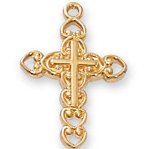 CHILD'S CROSS GOLD OVER STERLING HEART ENDS 13" CHAIN