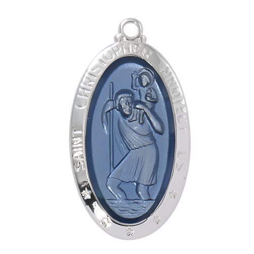 ST CHRISTOPHER WITH BLUE ENAMEL STERLING SILVER ON 18" CHAIN