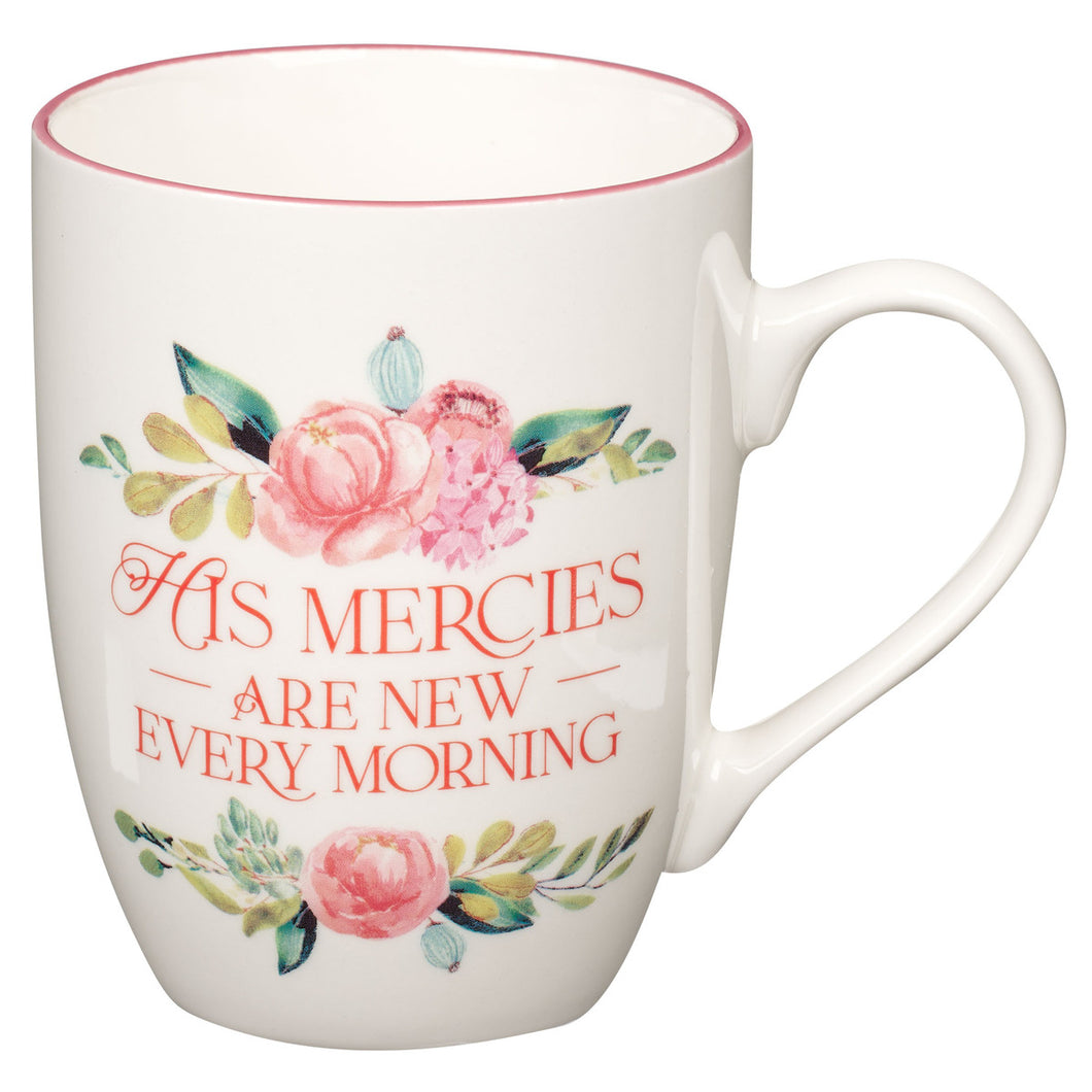 His Mercies are New Pink Peonies Ceramic Coffee Mug - Lamentations 3:22-23