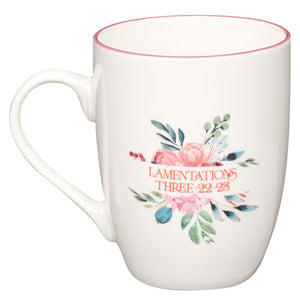 His Mercies are New Pink Peonies Ceramic Coffee Mug - Lamentations 3:22-23