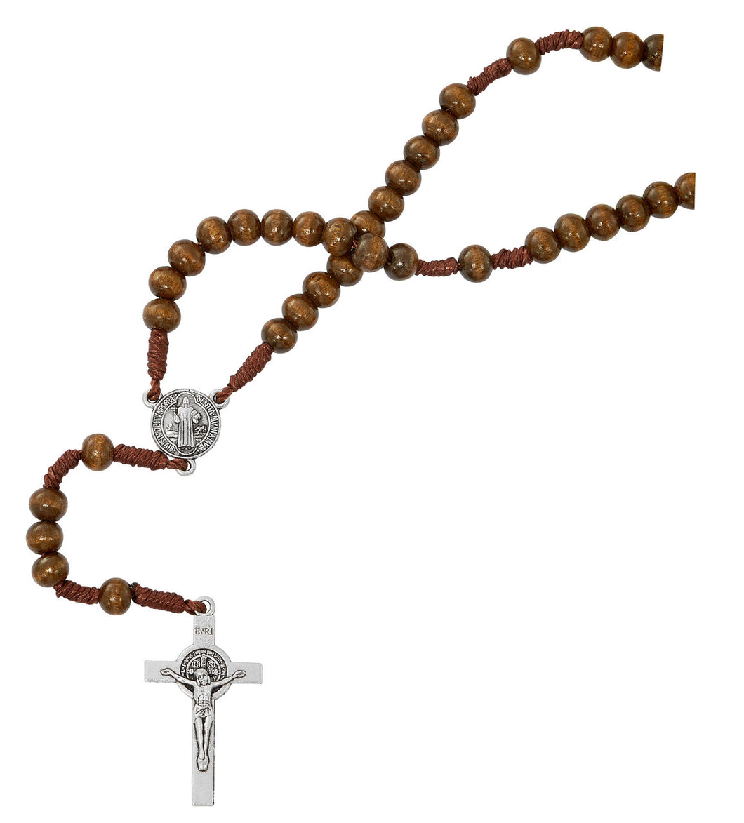 NECKLACE BROWN WOOD BEADS ST. BENEDICT MEDAL AND CRUCIFIX
