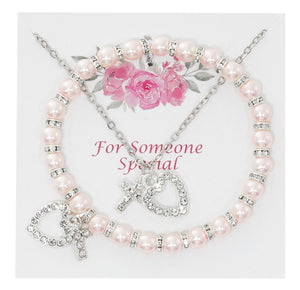 BRACELET & PENDANT SET PINK PEARL WITH CRYSTAL HEART