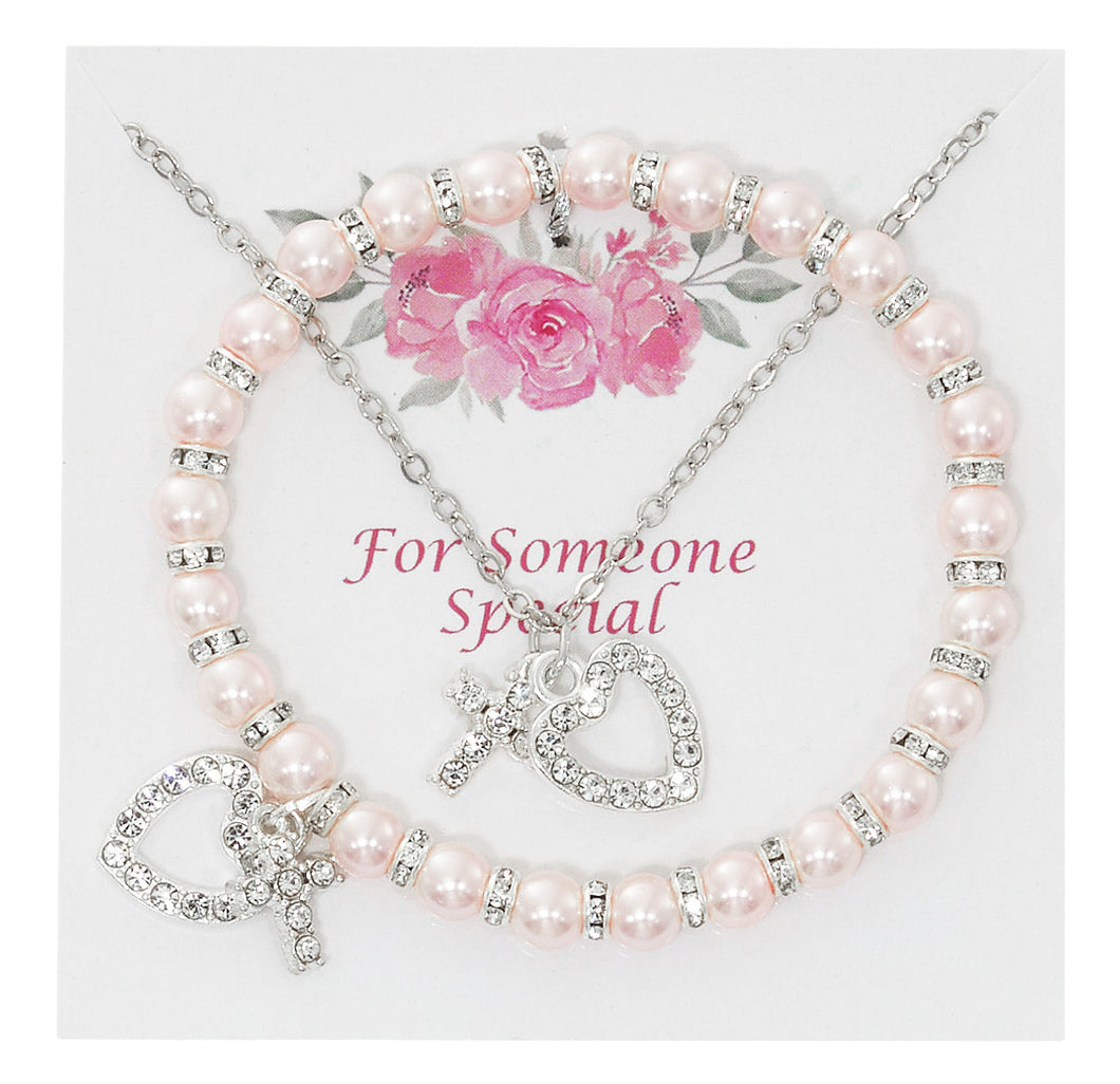 BRACELET & PENDANT SET PINK PEARL WITH CRYSTAL HEART