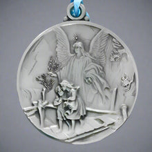 Load image into Gallery viewer, Guardian Angel Crib Medal in Pewter with Blue Ribbon
