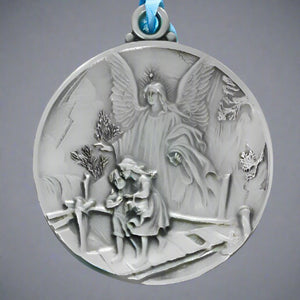 Guardian Angel Crib Medal in Pewter with Blue Ribbon