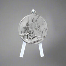 Load image into Gallery viewer, Guardian Angel Crib Medal in Pewter with White Ribbon
