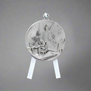 Guardian Angel Crib Medal in Pewter with White Ribbon