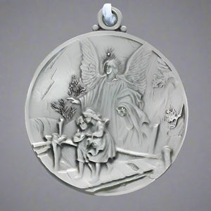 Guardian Angel Crib Medal in Pewter with White Ribbon