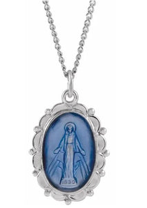 MIRACULOUS MEDAL - SS AND BLUE ENAMEL 21 X 15 MM - 18" CHAIN