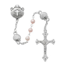 Load image into Gallery viewer, Baptism Rosary 4mm Pink Pearl Beads and Shell Our Fathers
