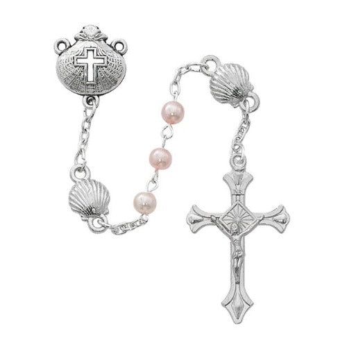 Baptism Rosary 4mm Pink Pearl Beads and Shell Our Fathers