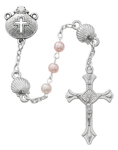 Baptism Rosary 4mm Pink Pearl Beads and Shell Our Fathers