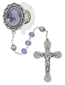 Rosary 8mm Violet Beads with Cameo and Lourdes Water Center