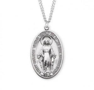 Miraculous Medal Plain Style Oval Sterling Silver on 27" Chain