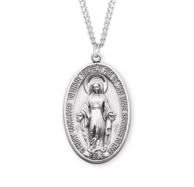 Miraculous Medal Plain Style Oval Sterling Silver on 27