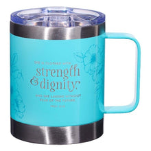 Load image into Gallery viewer, Strength &amp; Dignity Blue Travel Mug with Handle
