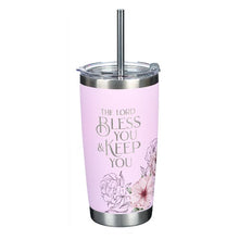Load image into Gallery viewer, Travel Mug with Straw Bless You and Keep You Pink Floral
