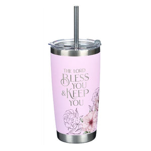 Travel Mug with Straw Bless You and Keep You Pink Floral