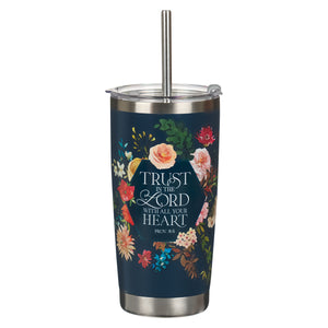 Travel Mug with Straw Trust Indigo Blue Floral Stainless Steel