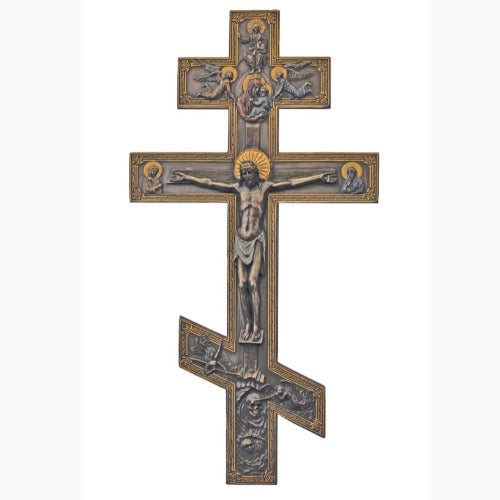 Byzantine Crucifix in lightly hand-painted cold cast bronze 9 X 17.5