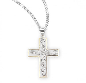 Cross Two Tone Vine Sterling Silver and Cubic Zirconia on 18" Chain