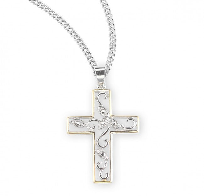 Cross Two Tone Vine Sterling Silver and Cubic Zirconia on 18