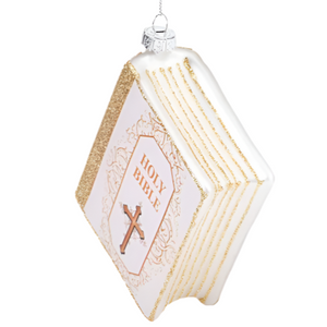 ORNAMENT - CREAM AND GOLD BIBLE - 4" X 3.5" X 1.5" BLOWN GLASS