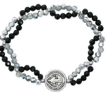 BRACELET - BLACK CRYSTAL WITH ST BENEDICT MEDAL - STRETCH