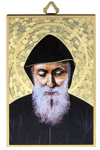 Load image into Gallery viewer, St Charbel 4&quot; x 6&quot; Gold Foil Mosaic Plaque
