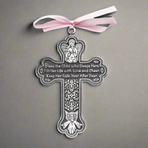 Crib medal "Bless This Child" 3" Pewter with Pink Ribbon