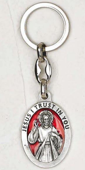 Key Chain Divine Mercy Oval with Red Enamel