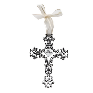 Baptism Bless This Child Cross Filigree design with White Ribbon