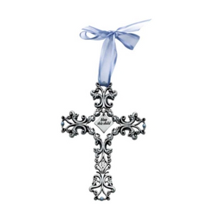 Baptism Bless This Child Cross Filigree design with Blue Ribbon