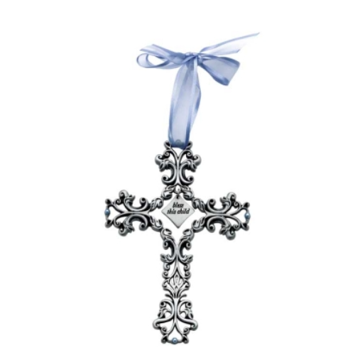 Baptism Bless This Child Cross Filigree design with Blue Ribbon