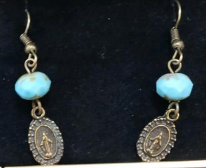 EARRING - BRONZE MIRACULOUS MEDAL WITH BLUE STONE