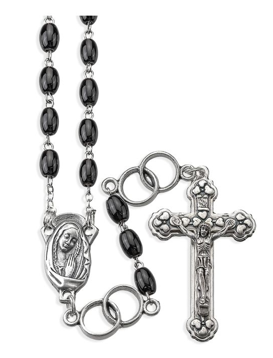 Wedding Rosary with Ring Our Fathers and Black Glass Oval Beads