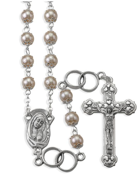 Wedding Rosary with Ring Our Fathers and 7mm White Pearl Glass Bead