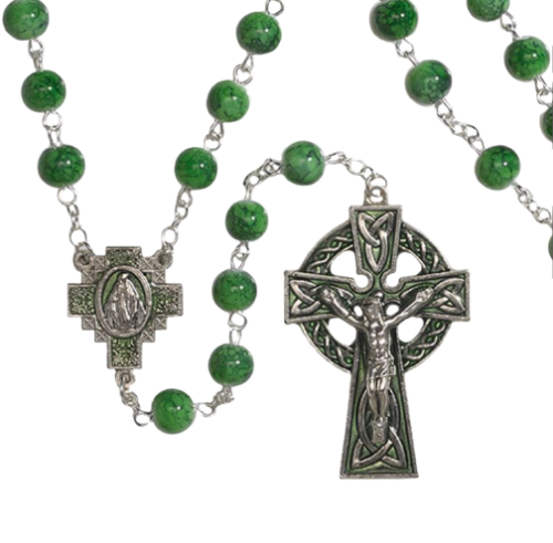 Rosary - Irish - 7mm Green Marble - Celtic Crucifix