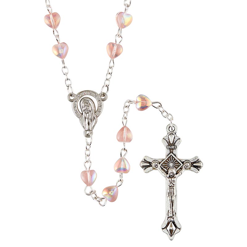 ROSARY - 6MM PINK GLASS HEART BEADS - 1.5