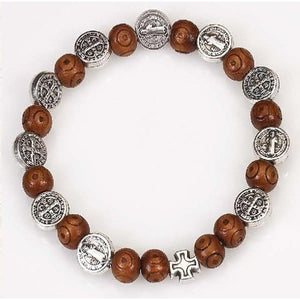 BRACELET - ST BENEDICT MEDALS & ROUND WOOD BEADS - STRETCH