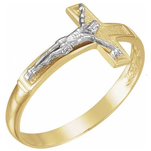 CRUCIFIX RING - 14K YELLOW AND WHITE GOLD - SIZE 10