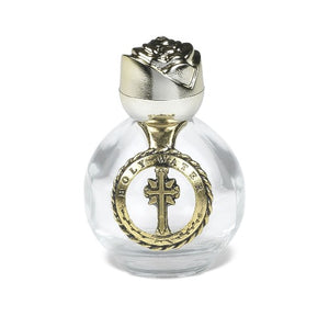 HOLY WATER BOTTLE -  GOLD ROSE CAP AND CROSS - 2.5"  GLASS