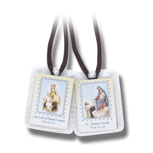 BROWN SCAPULAR WITH PLASTIC COVER AND BROWN CORDS