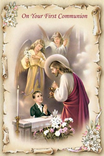 GREETING CARD - FIRST COMMUNION FOR A BOY - PEARL  AND GOLD EMBOSSED