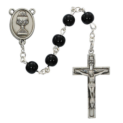 ROSARY - 6 MM BLACK GLASS - PEWTER CHALICE CENTER & CRUCIFIX