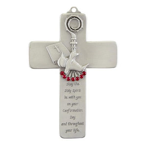 WALL CROSS - 5" CONFIRMATION - RED CRYSTALS ON PEWTER