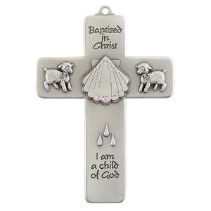 WALL CROSS - 5" - BAPTISM - PINK CRYSTALS ON PEWTER
